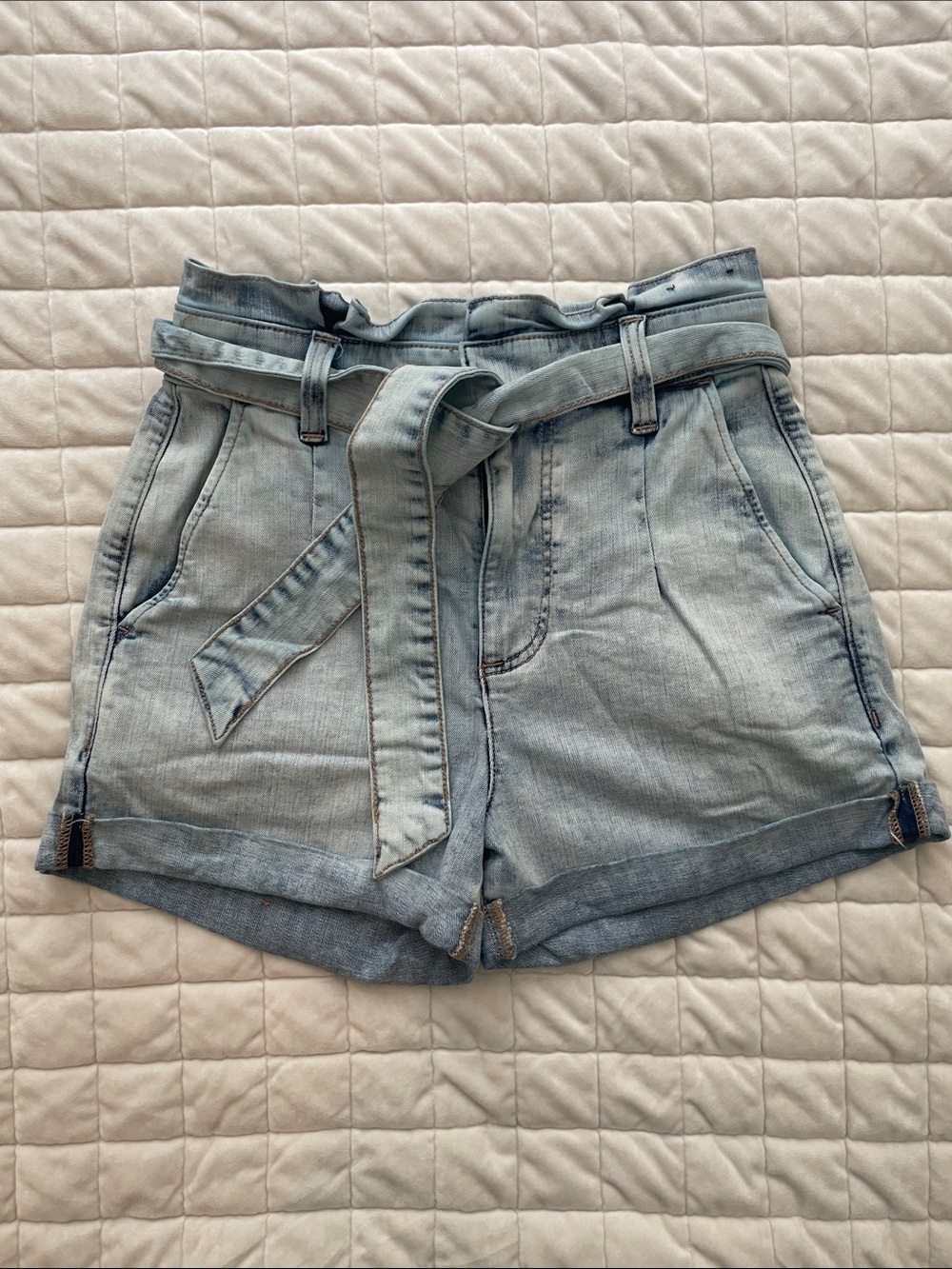 Express Light Blue Denim Paperbag Waist Shorts with Tie